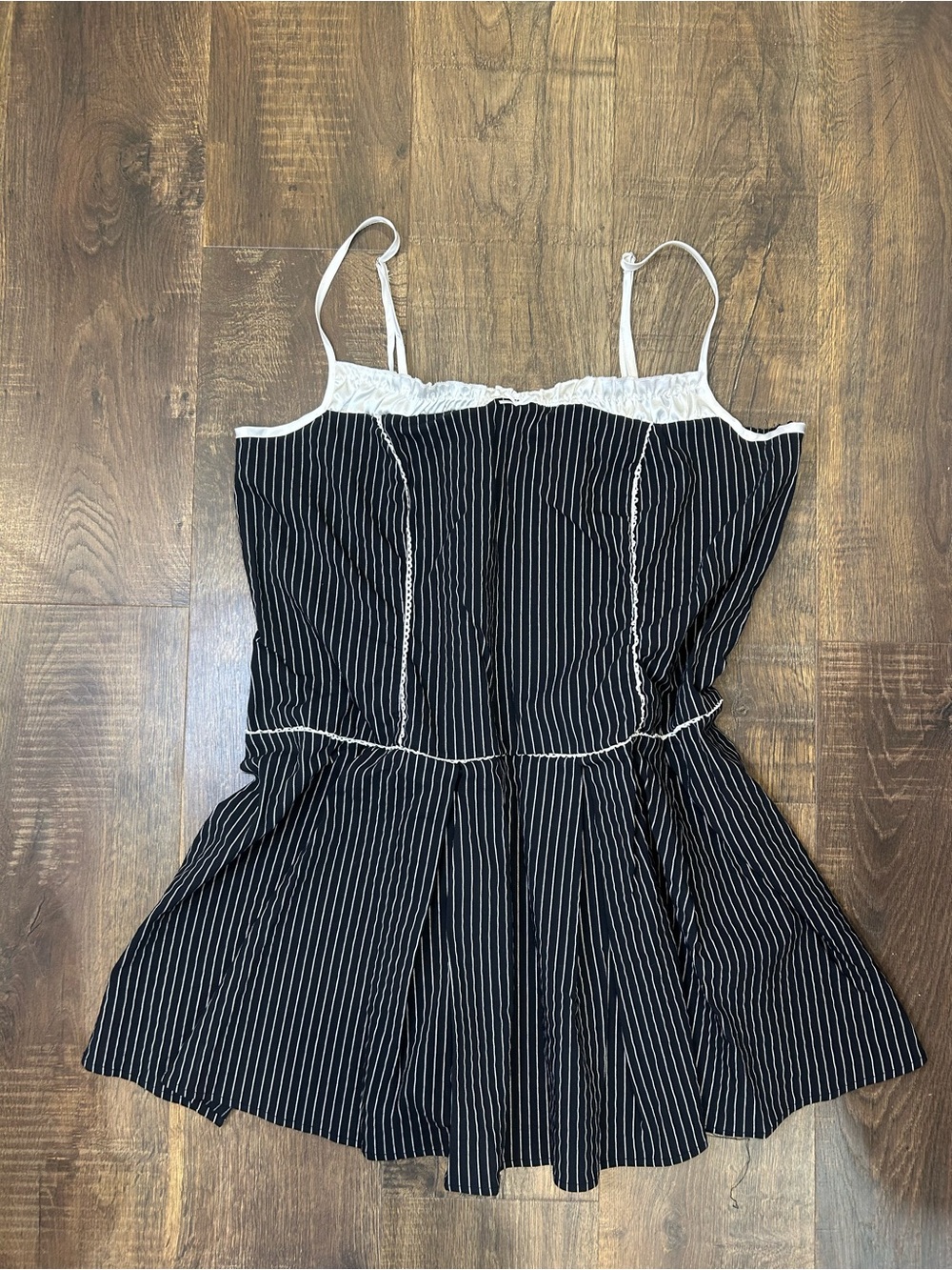 Women’s Black Pinstripe Lace-Trim Camisole Dress